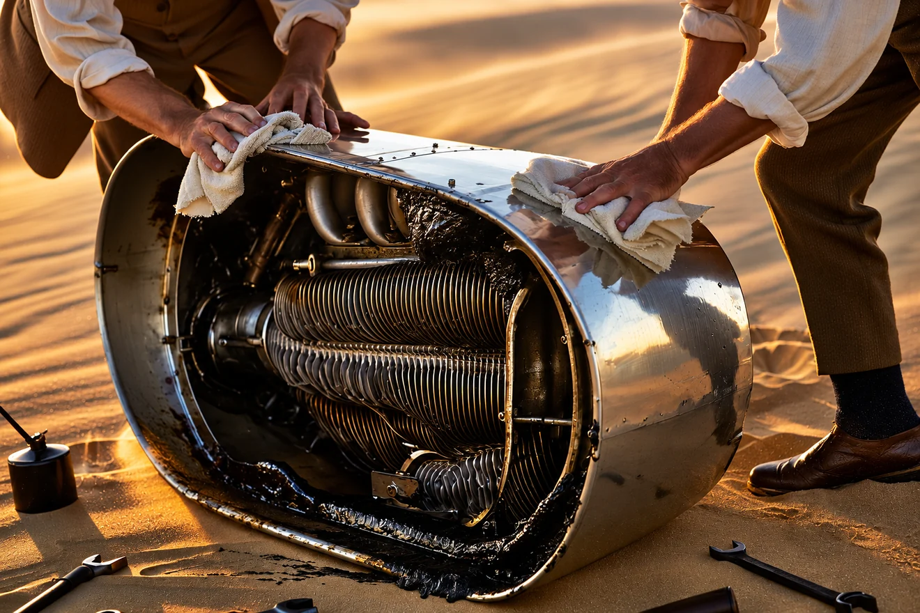 Frame from a spec product film — two engineers in period dress polishing a chrome engine cowling in the desert at golden hour