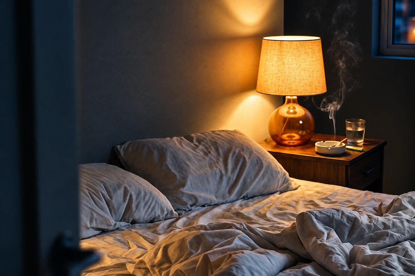 Story frame from the KAIRA Slow Burn release pack — a lamplit bedroom at night