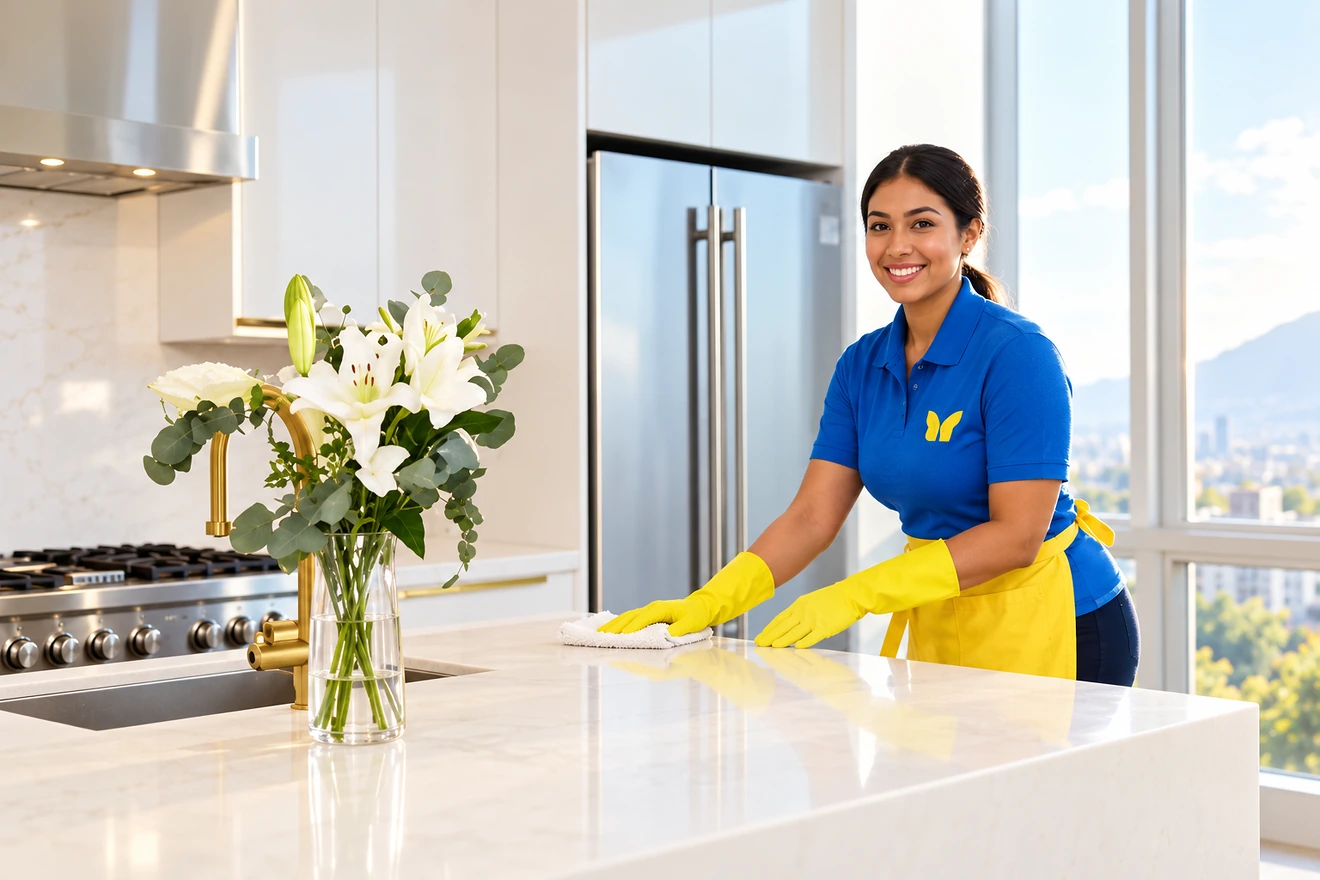 Frame from a Butterfly Cleaning short-form ad — a cleaner working in a bright Vancouver kitchen