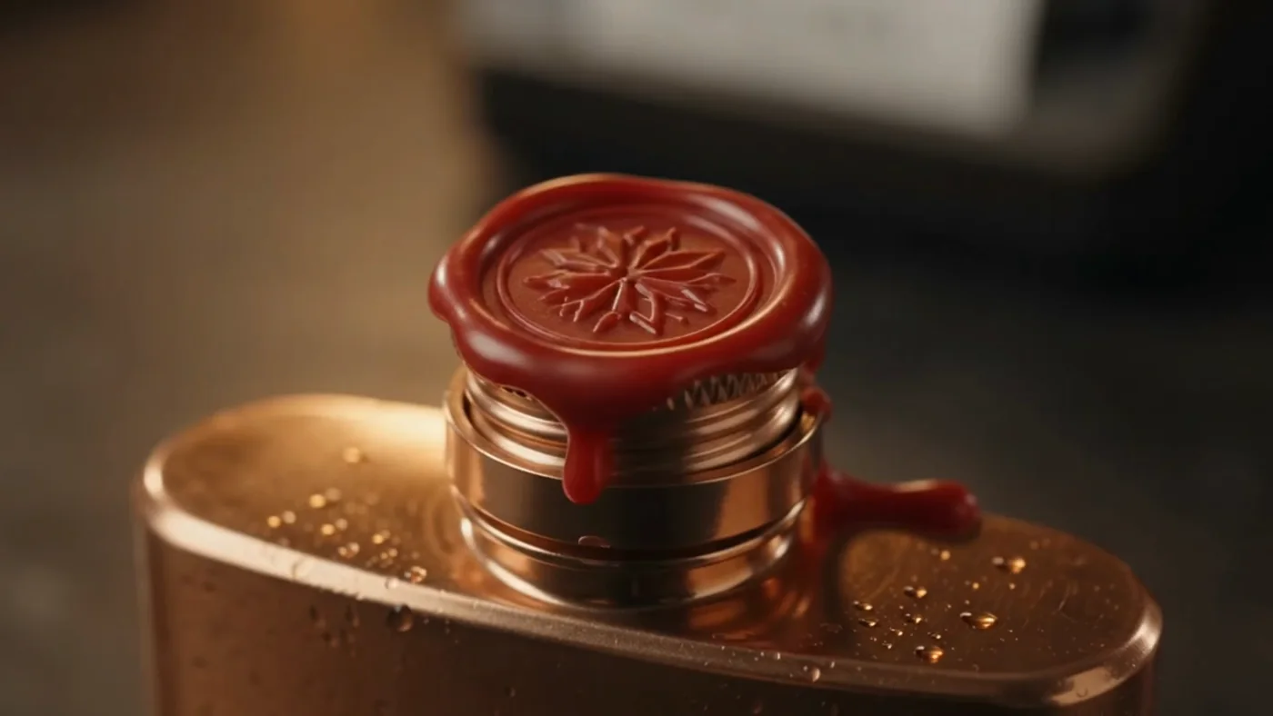 Red wax seal on a copper bottle — a frame from The Apology product film for Penance Tonic