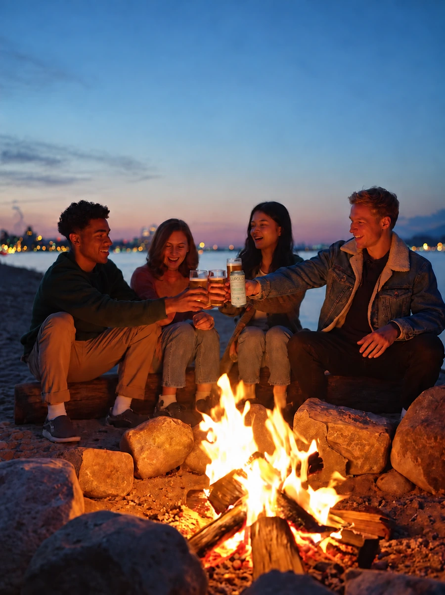 Frame from the La Piazza Pilsner campaign for Luppolo Brewing — four friends clinking cans around a beach fire at dusk, Vancouver skyline behind