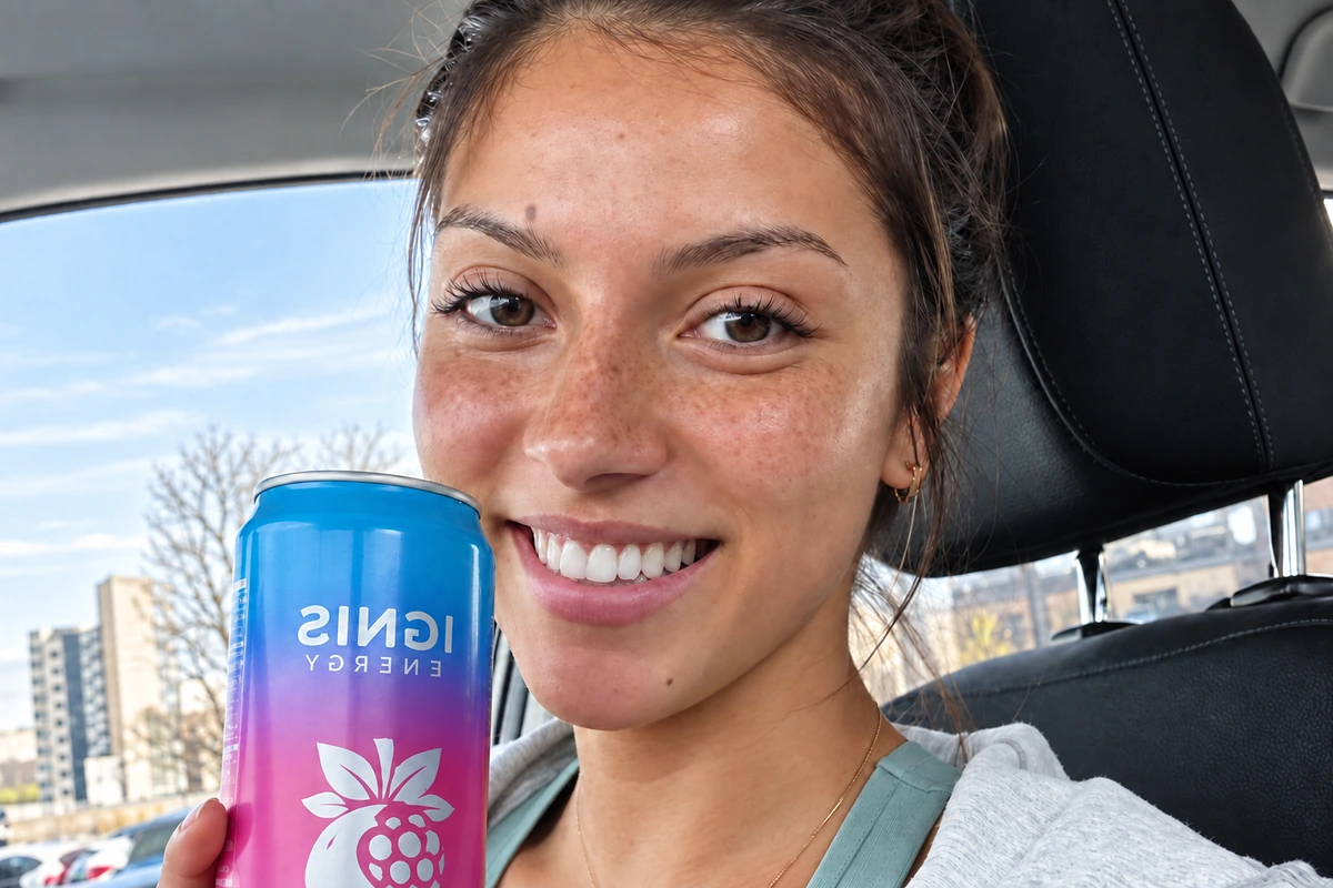 Frame from a creator-style drink ad — a person talking straight to camera in a car, product in hand