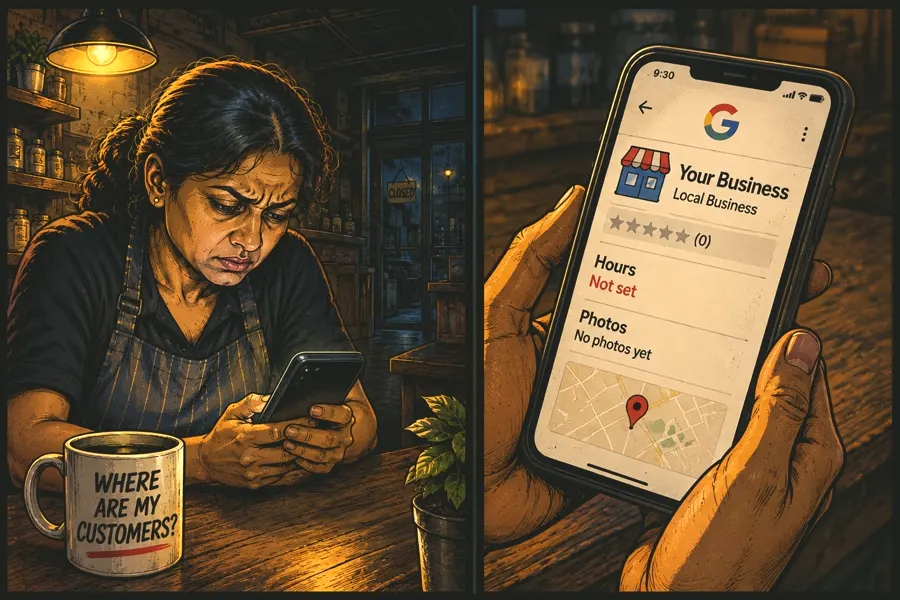 A local business owner staring at her incomplete Google listing late at night — hours not set, no photos, zero reviews